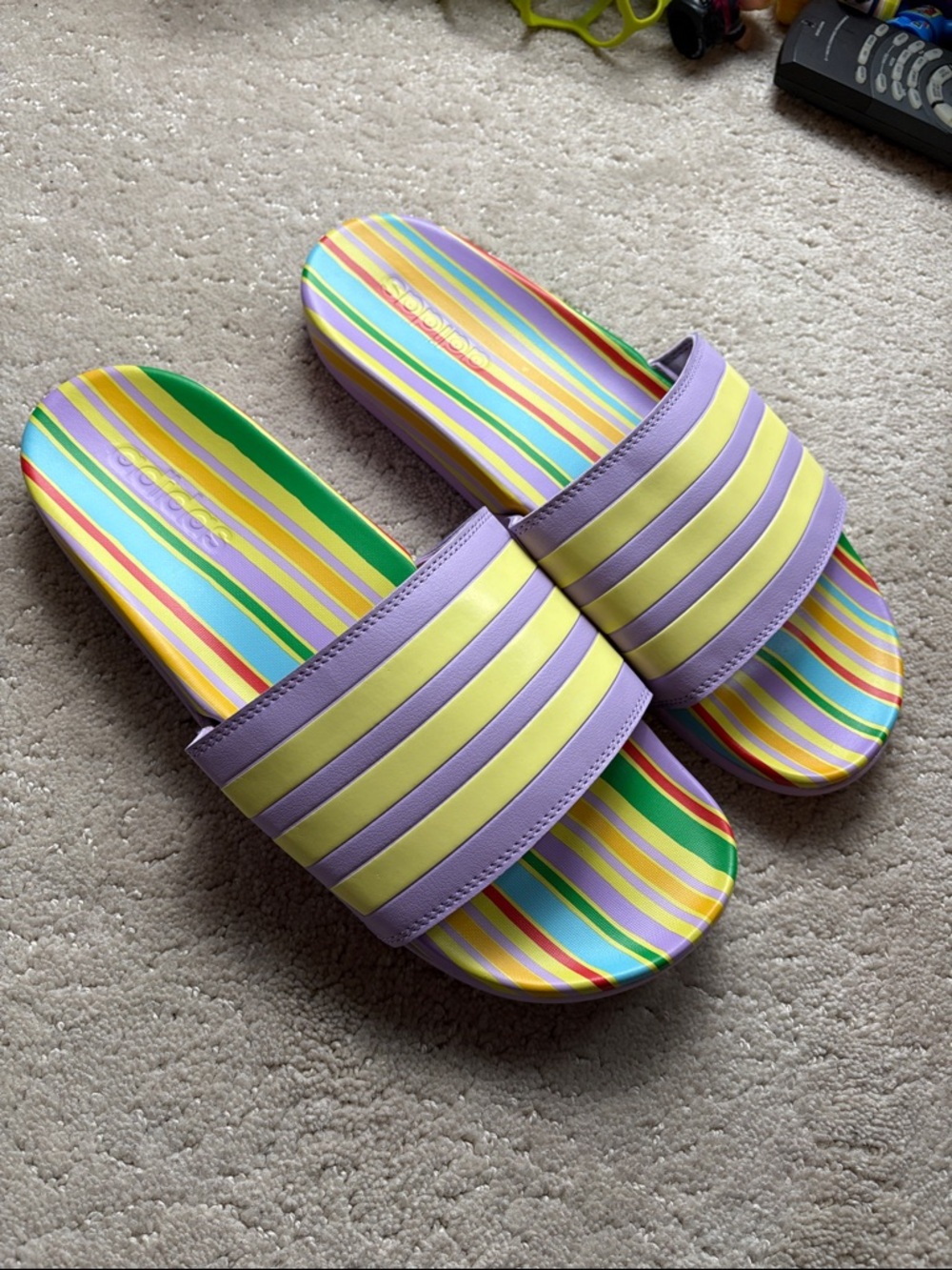 Adidas Adilette Comfort Sandals Multi Stripe Slide Purple Yellow Womens 11